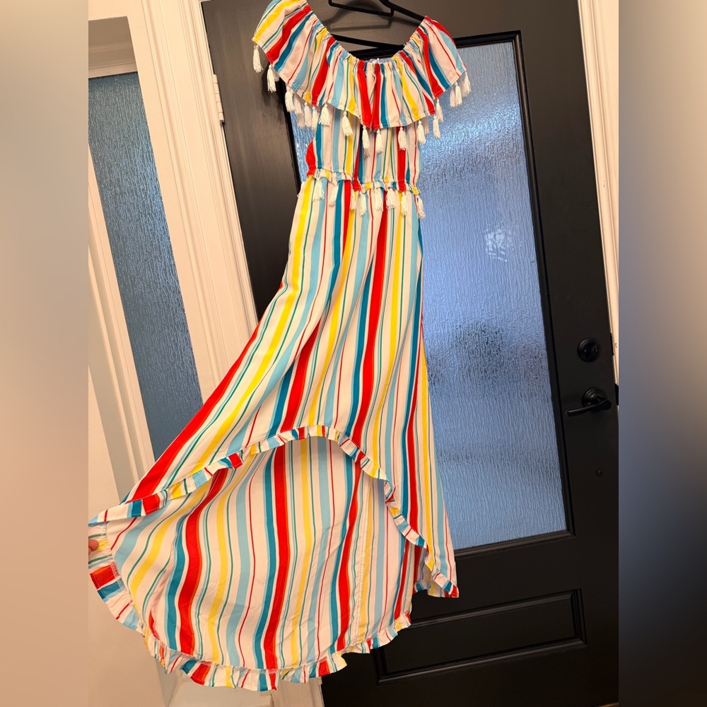 XOXO Off Shoulder Multicolor Striped High Low Maxi Dress Tassle Trim Boho Size M - Picture 4 of 11
